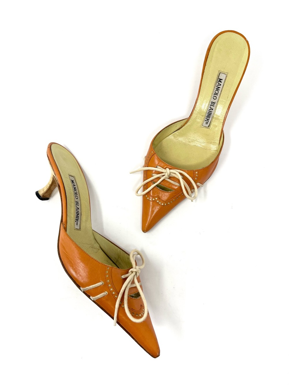 Vintage Manolo Blahnik Orange Pointed Toe Lace Up Bow Mules Kitten Heels 36 6